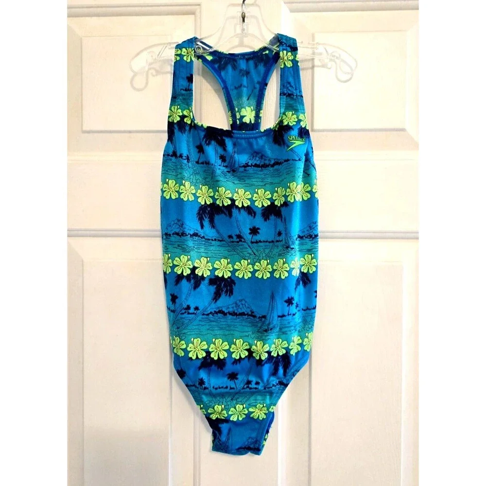 Speedo 1 Piece Swimsuit Girls 12 Floral Blue Green Racerback Athletic VTG Sporty
